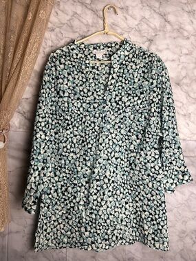 3X Abstract Print Teal 100% Cotton Blouse 3/4 sleeve Lightweight Top Pebble
